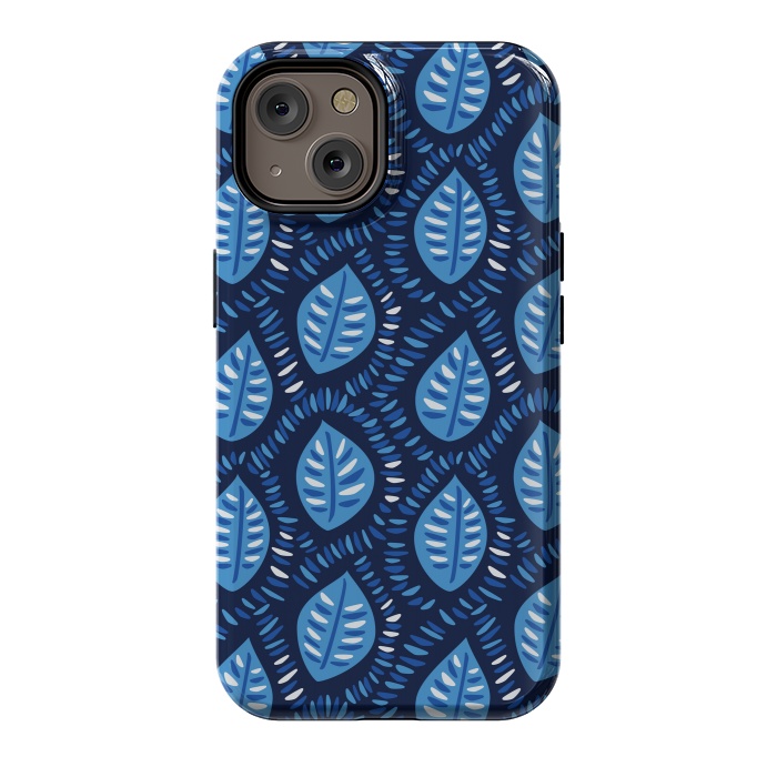 iPhone 14 StrongFit Blue Decorative Geometric Leaves Pattern by Boriana Giormova
