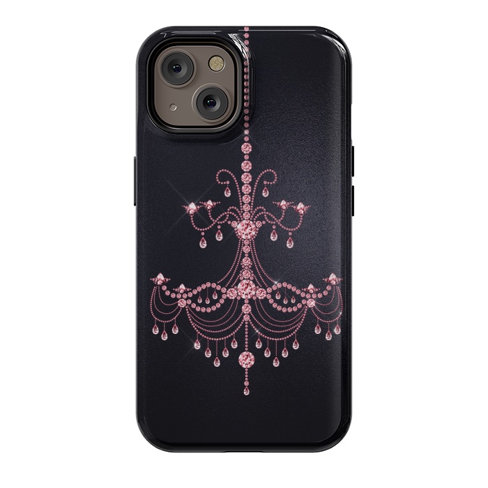 iPhone 14 StrongFit Pink sparkling chandelier on metal black  by  Utart