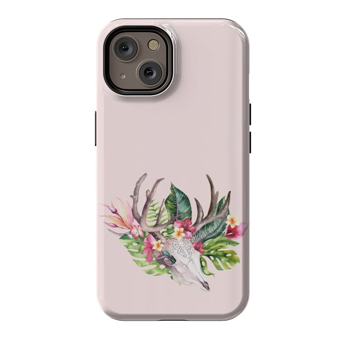 iPhone 14 StrongFit BOHO  Skull with tropical flowers and foliage by  Utart