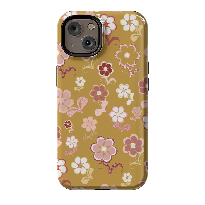iPhone 14 StrongFit 60s Flowers in Mustard and Pink by Paula Ohreen