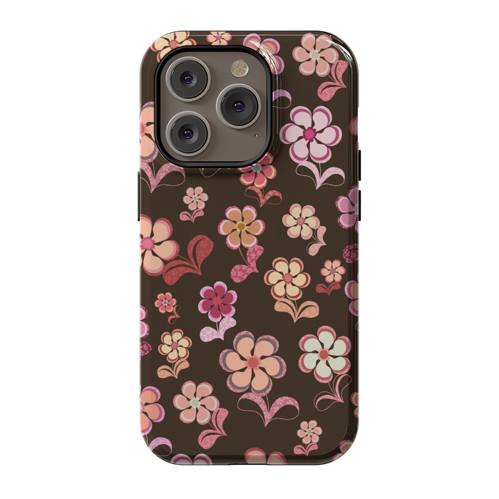 iPhone 14 Pro StrongFit 60s Flowers on Chocolate Brown by Paula Ohreen