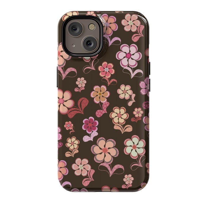 iPhone 14 StrongFit 60s Flowers on Chocolate Brown by Paula Ohreen