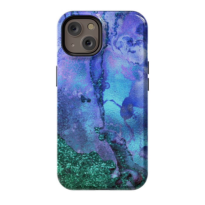 iPhone 14 StrongFit Blue and Green Glitter Ink Marble by  Utart