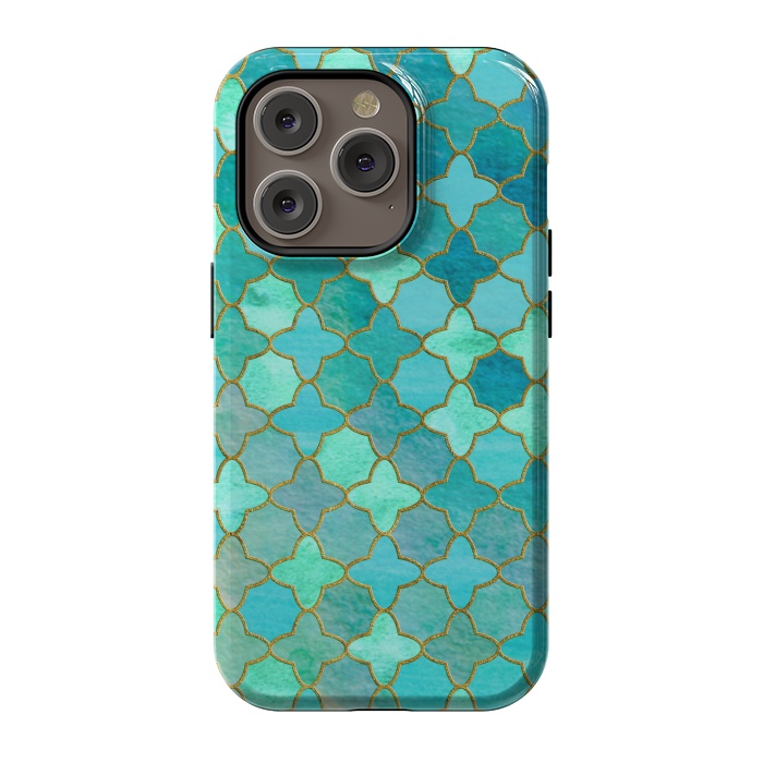 iPhone 14 Pro StrongFit Aqua Moroccan Shapes Pattern  by  Utart