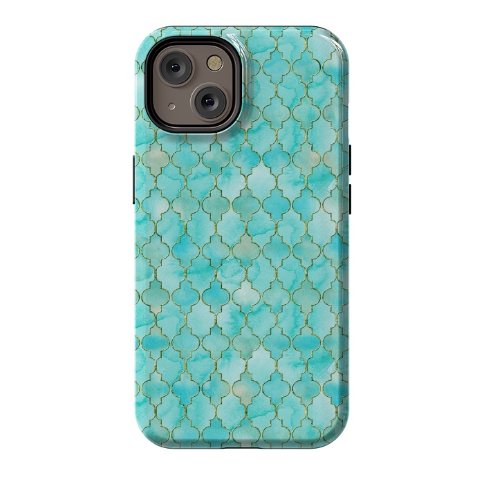 iPhone 14 StrongFit Multicolor Teal Blue Moroccan Shapes Pattern  by  Utart