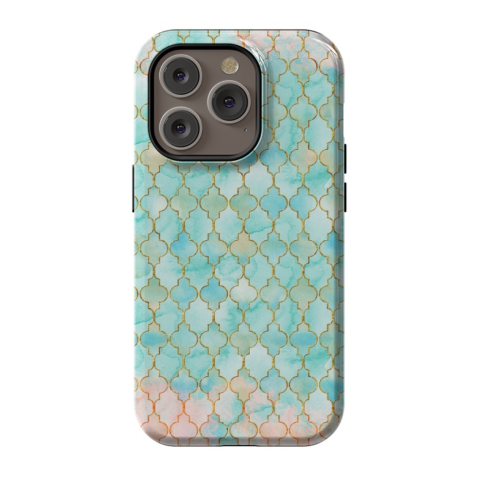 iPhone 14 Pro StrongFit Multicolor Teal Pink Moroccan Shapes Pattern  by  Utart