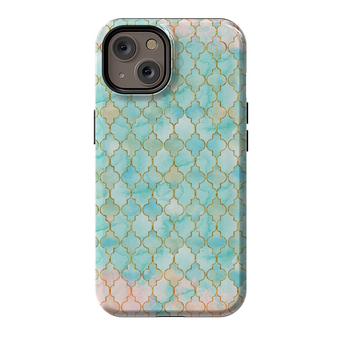 iPhone 14 StrongFit Multicolor Teal Pink Moroccan Shapes Pattern  by  Utart