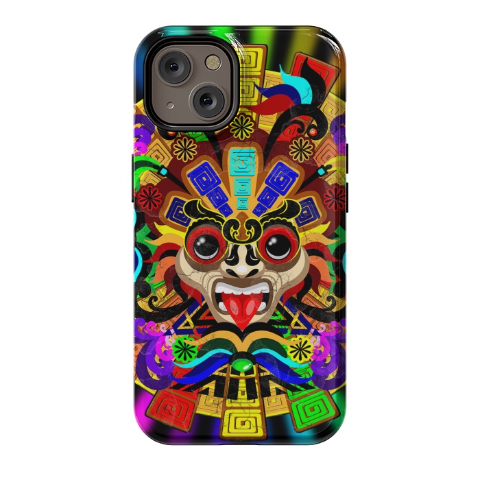iPhone 14 StrongFit Aztec Warrior Mask Rainbow Colors by BluedarkArt