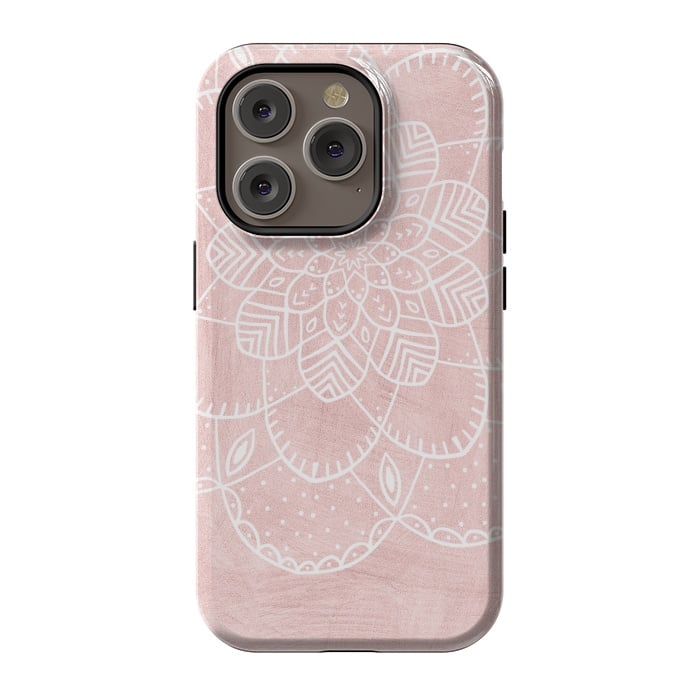 iPhone 14 Pro StrongFit White Mandala on Pink Faux Marble by  Utart