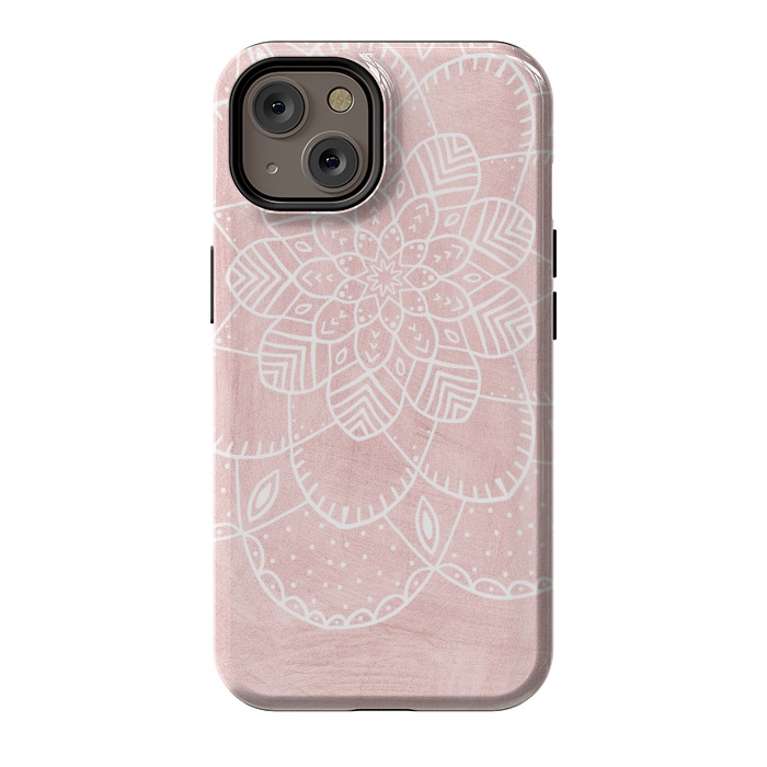 iPhone 14 StrongFit White Mandala on Pink Faux Marble by  Utart