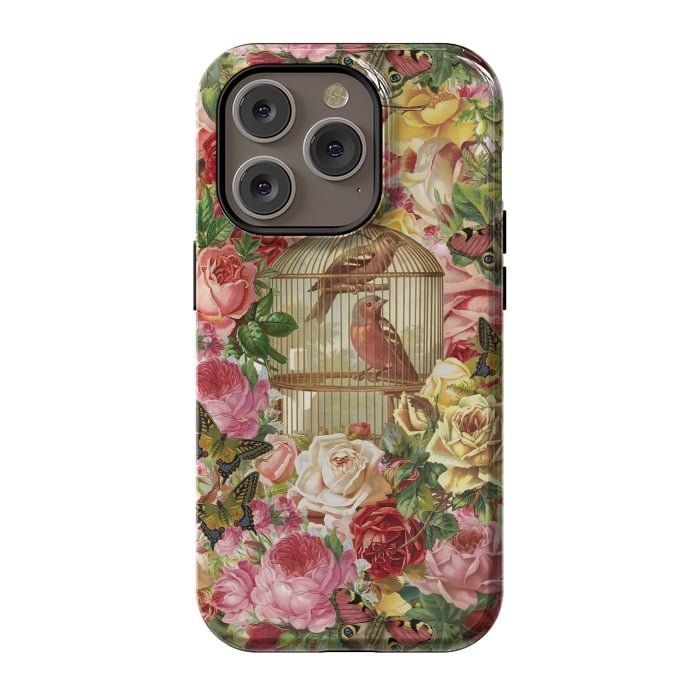 iPhone 14 Pro StrongFit Vintage Bird Cage and Flowers by Andrea Haase