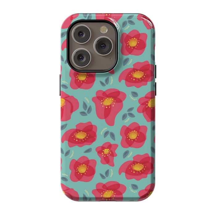 iPhone 14 Pro StrongFit Pretty Flowers With Bright Pink Petals On Blue by Boriana Giormova