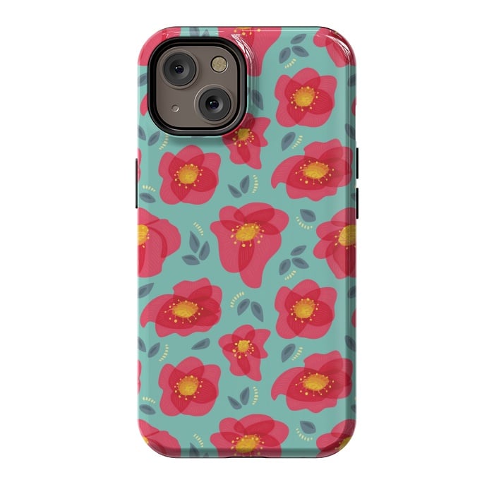 iPhone 14 StrongFit Pretty Flowers With Bright Pink Petals On Blue by Boriana Giormova