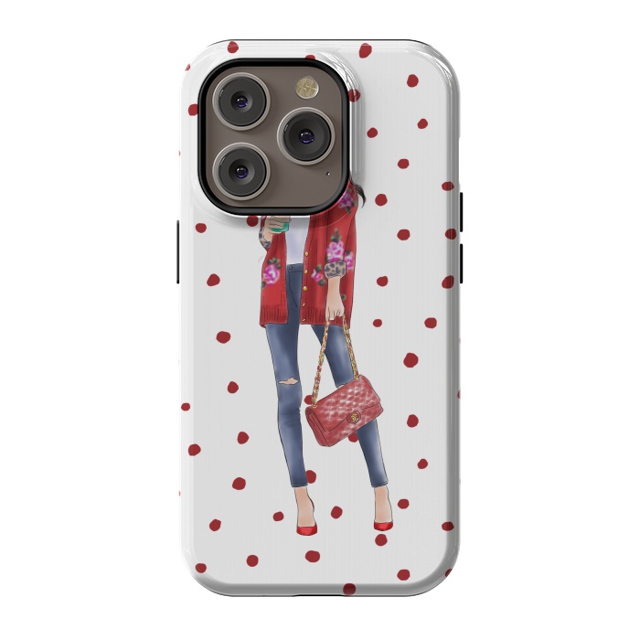 iPhone 14 Pro StrongFit Coffee City Girl with Red Polka Dots by DaDo ART
