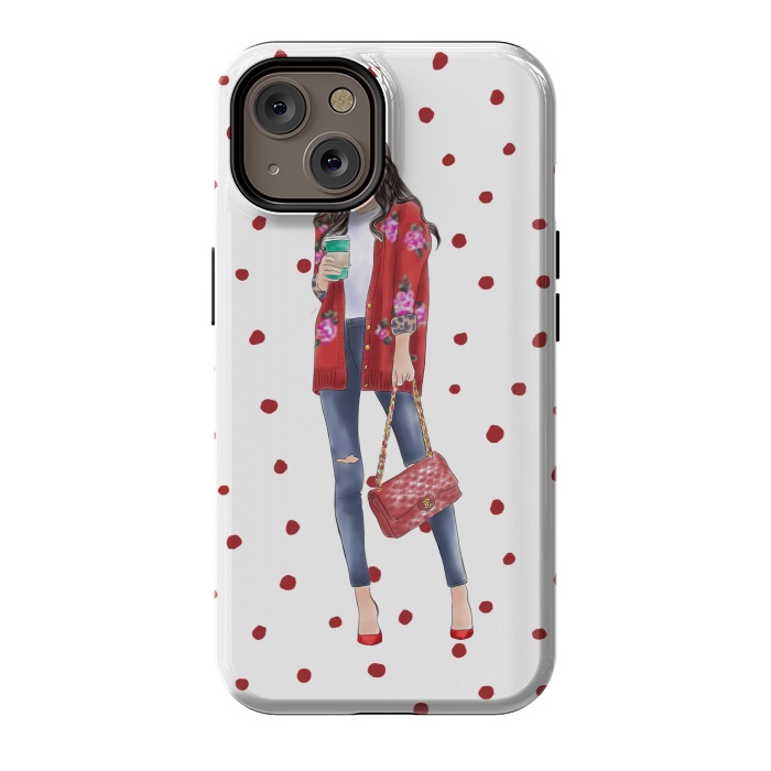 iPhone 14 StrongFit Coffee City Girl with Red Polka Dots by DaDo ART
