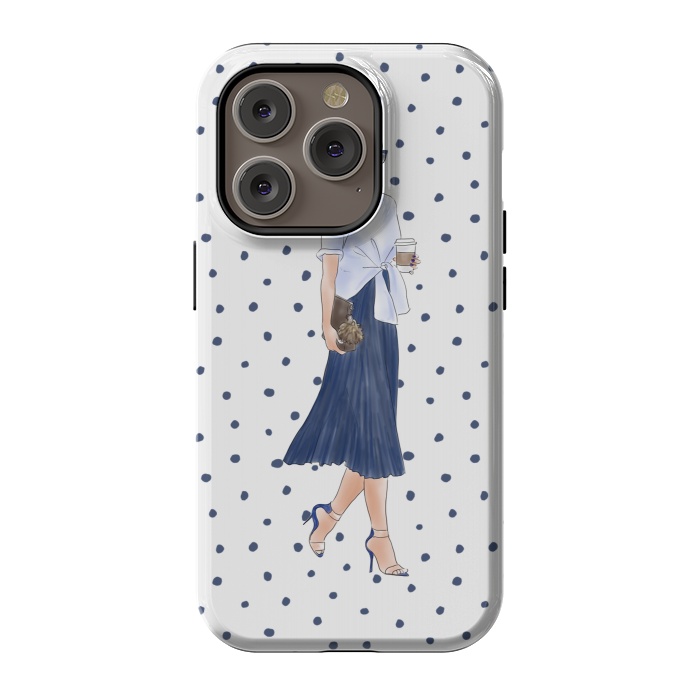 iPhone 14 Pro StrongFit Fashion Coffee Girl with Blue Polka Dots by DaDo ART