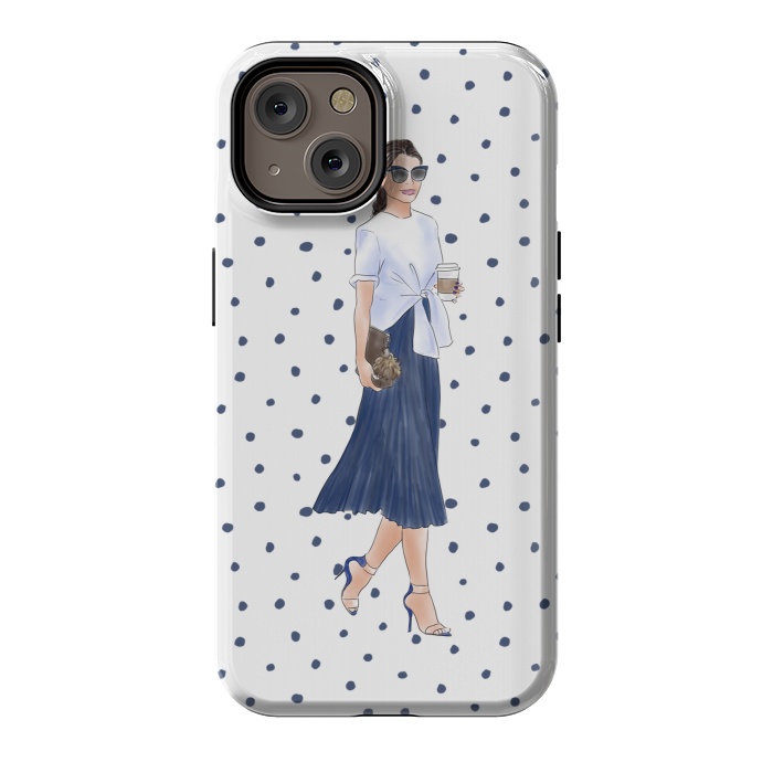 iPhone 14 StrongFit Fashion Coffee Girl with Blue Polka Dots by DaDo ART