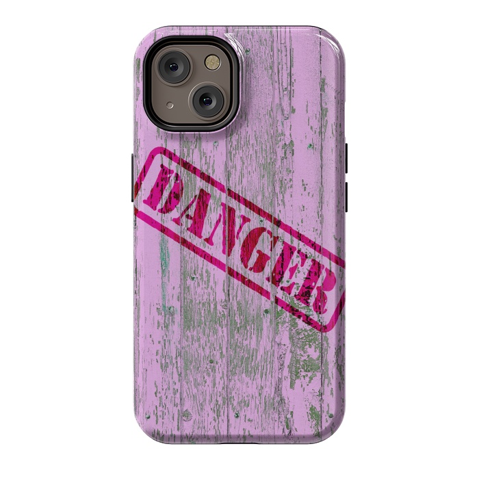 iPhone 14 StrongFit Pink Danger Sign On Old Wooden Planks by Andrea Haase