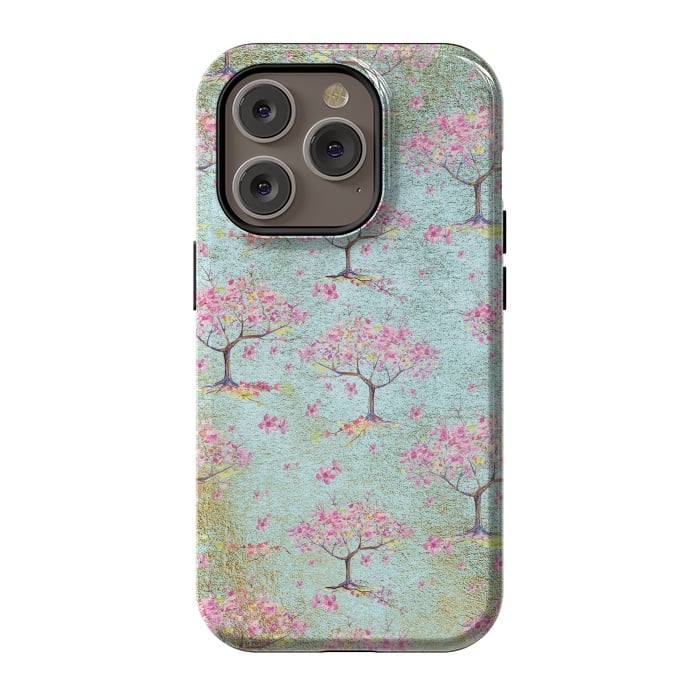 iPhone 14 Pro StrongFit Shiny Teal Spring Metal Cherry Blossom Tree Pattern by  Utart