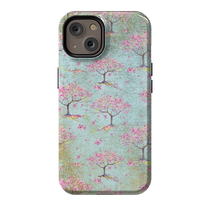iPhone 14 StrongFit Shiny Teal Spring Metal Cherry Blossom Tree Pattern by  Utart