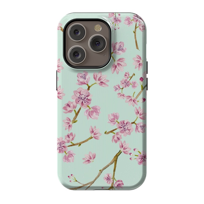 iPhone 14 Pro StrongFit Aqua Teal and Pink Cherry Blossom Branch Spring Pattern by  Utart