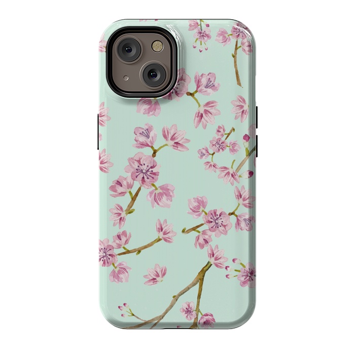 iPhone 14 StrongFit Aqua Teal and Pink Cherry Blossom Branch Spring Pattern by  Utart