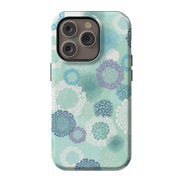 iPhone 14 Pro StrongFit Doily Flowers on Teal by Paula Ohreen