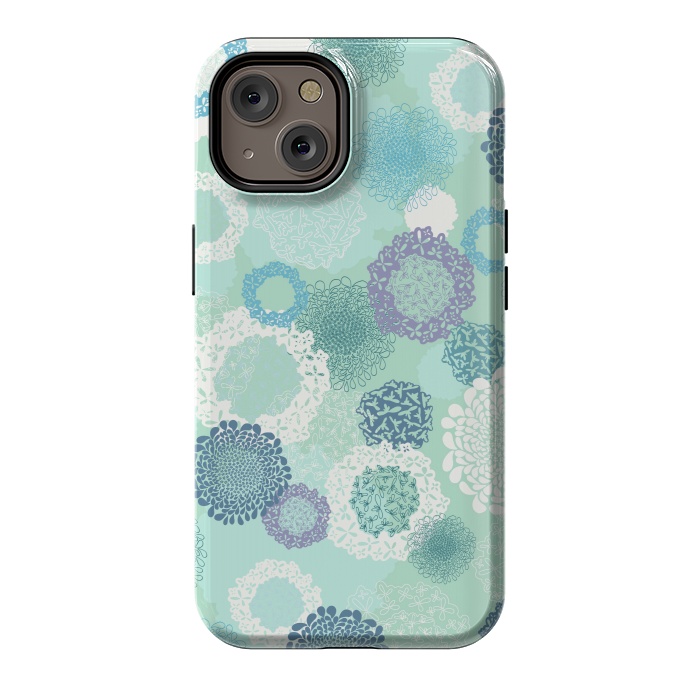 iPhone 14 StrongFit Doily Flowers on Teal by Paula Ohreen