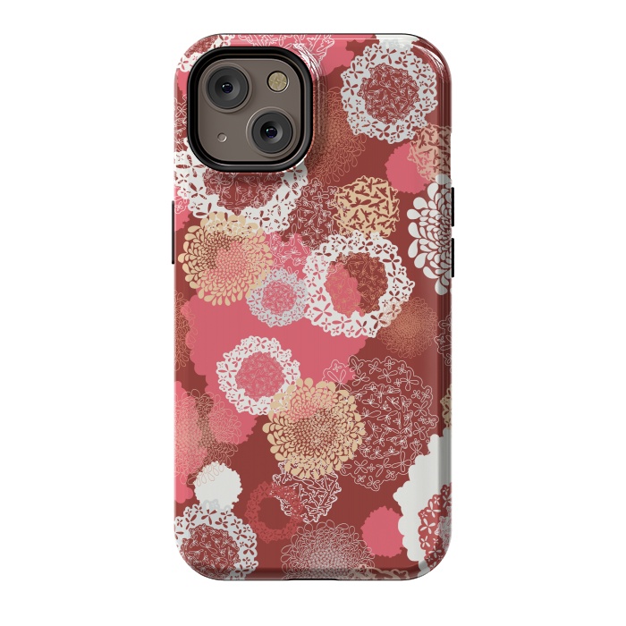 iPhone 14 StrongFit Doily Flowers on Red by Paula Ohreen