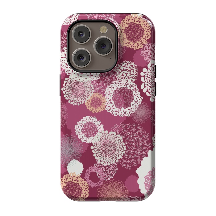 iPhone 14 Pro StrongFit Doily Flowers on Dark Pink by Paula Ohreen