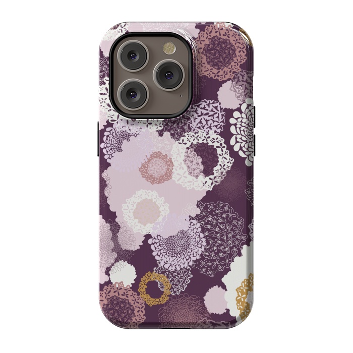iPhone 14 Pro StrongFit Doily Flowers on Purple by Paula Ohreen
