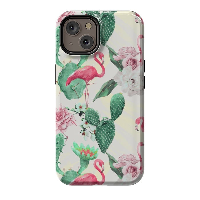 iPhone 14 StrongFit Flamingos, geometric and flowers by Mmartabc