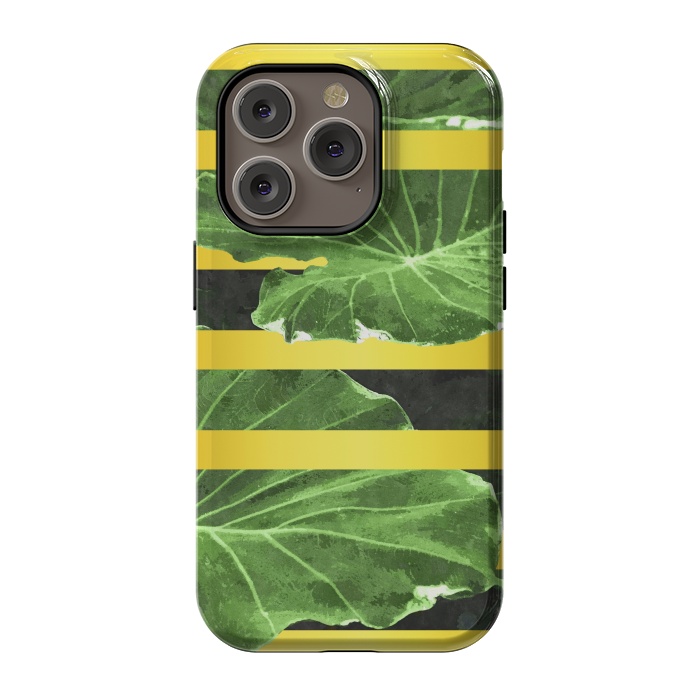 iPhone 14 Pro StrongFit Green Leaves and Gold Stripes by Alemi