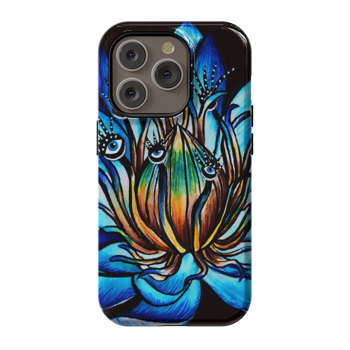 iPhone 14 Pro StrongFit Bizarre Multi Eyed Blue Water Lily Flower Monster by Boriana Giormova