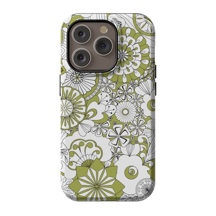 iPhone 14 Pro StrongFit 70s Flowers - Green and White by Paula Ohreen