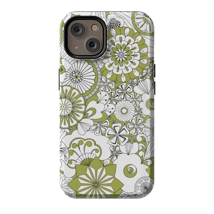 iPhone 14 StrongFit 70s Flowers - Green and White by Paula Ohreen