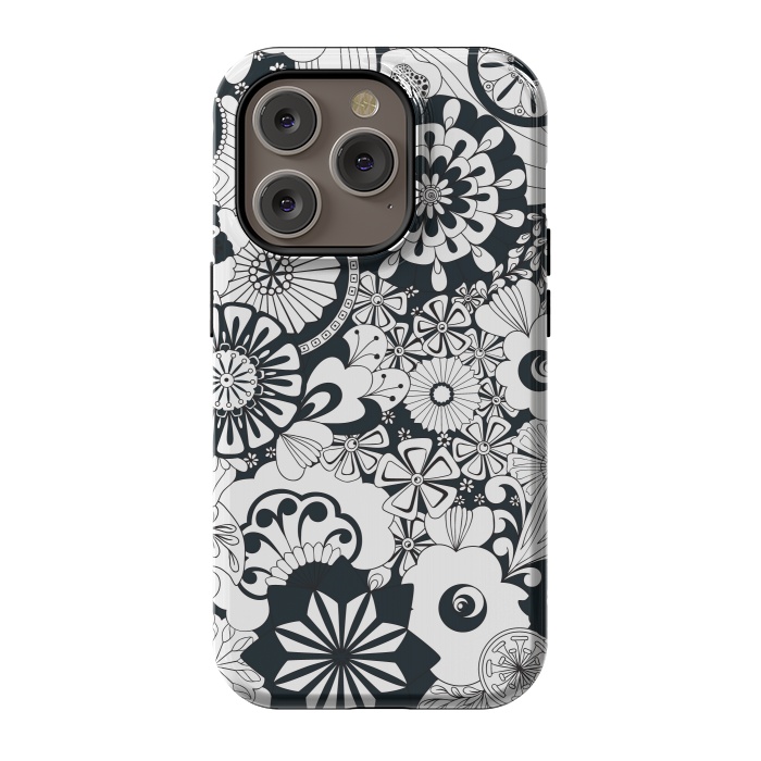 iPhone 14 Pro StrongFit 70s Flowers - Navy and White by Paula Ohreen