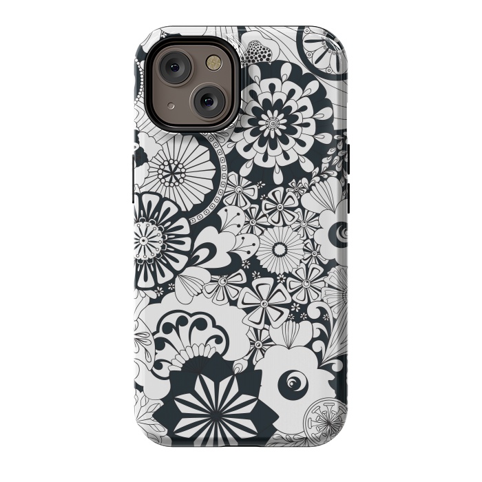 iPhone 14 StrongFit 70s Flowers - Navy and White by Paula Ohreen