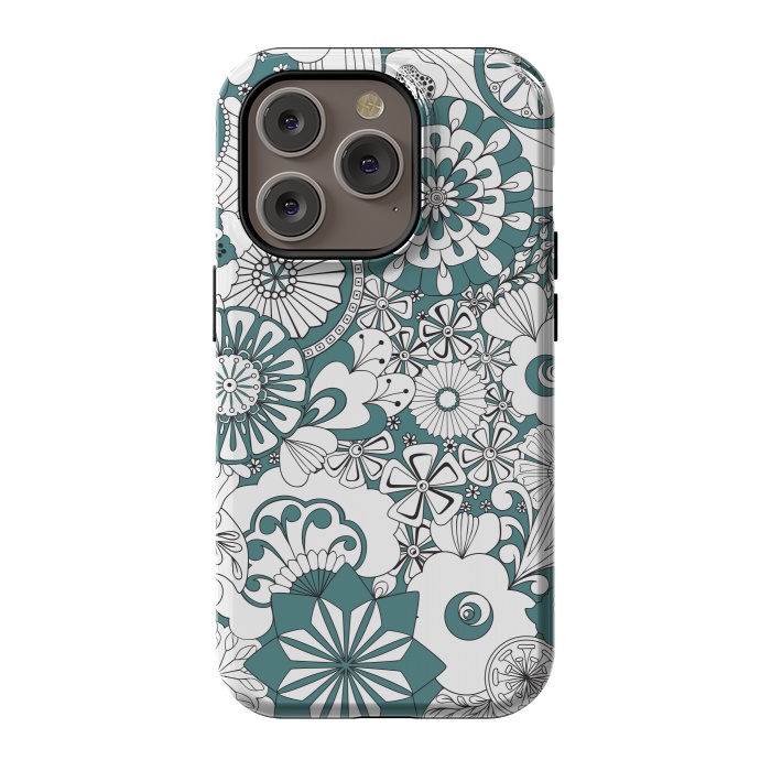 iPhone 14 Pro StrongFit 70s Flowers - Blue and White by Paula Ohreen