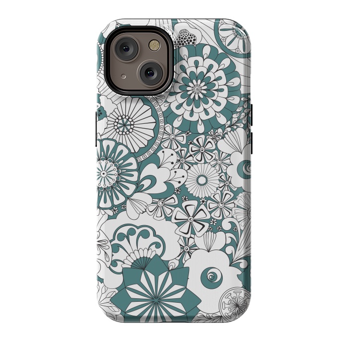 iPhone 14 StrongFit 70s Flowers - Blue and White by Paula Ohreen