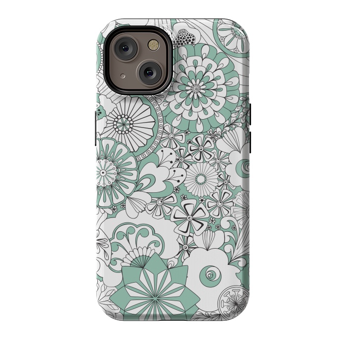 iPhone 14 StrongFit 70s Flowers - Mint Green and White by Paula Ohreen