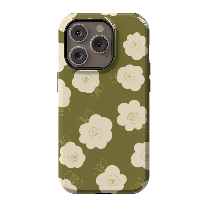 iPhone 14 Pro StrongFit Fluffy Flowers - Cream on Olive Green by Paula Ohreen