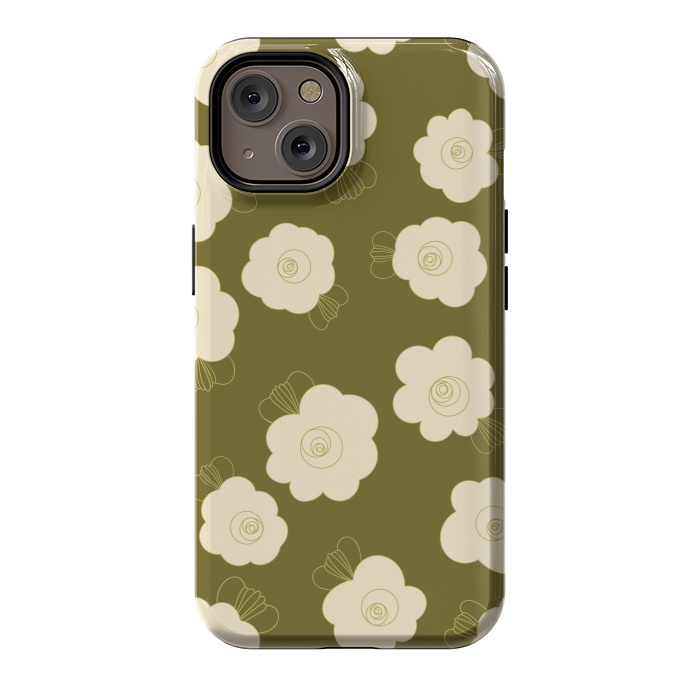 iPhone 14 StrongFit Fluffy Flowers - Cream on Olive Green by Paula Ohreen