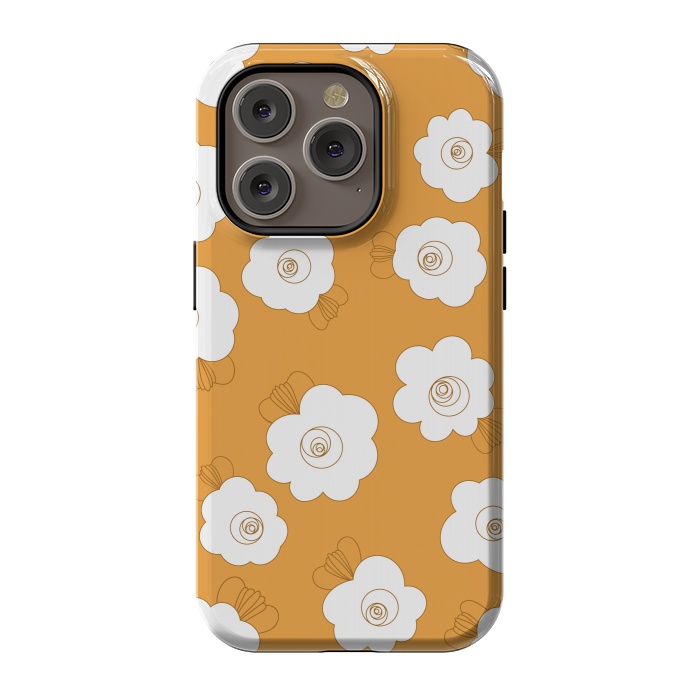 iPhone 14 Pro StrongFit Fluffy Flowers - White on Pumpkin Orange by Paula Ohreen