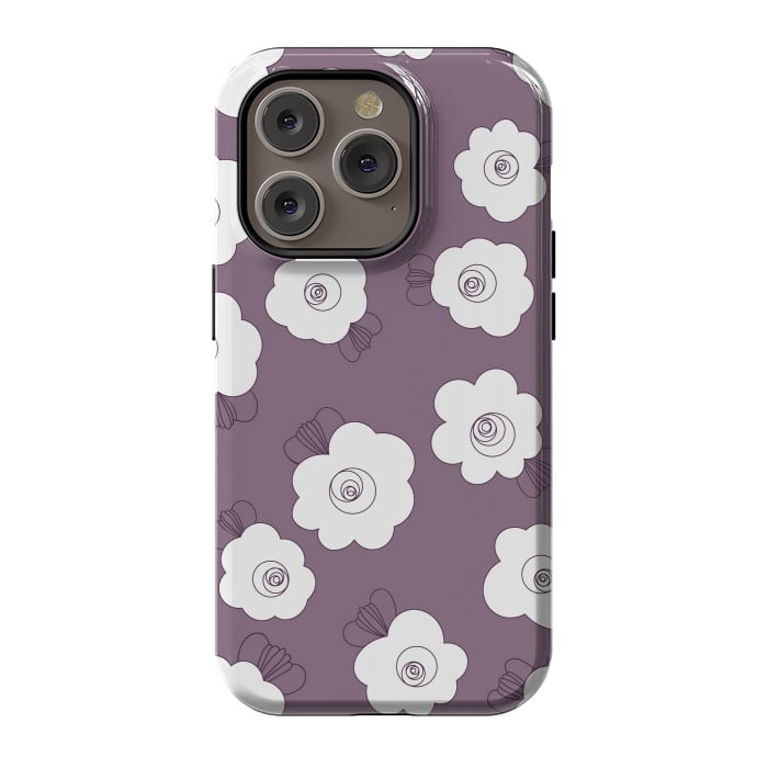 iPhone 14 Pro StrongFit Fluffy Flowers - White on Grape Purple by Paula Ohreen