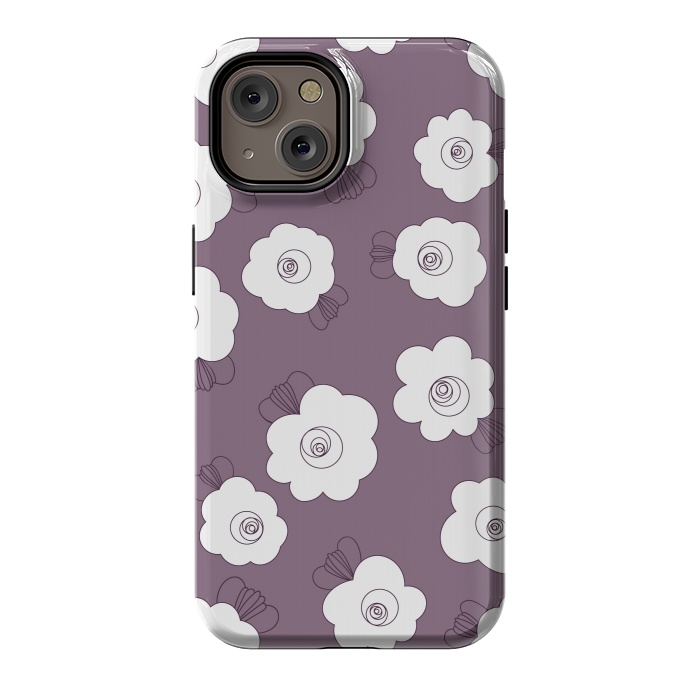 iPhone 14 StrongFit Fluffy Flowers - White on Grape Purple by Paula Ohreen