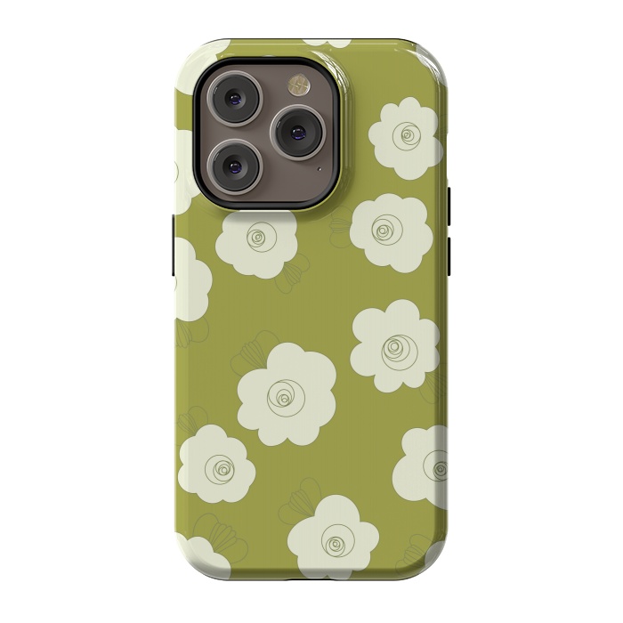 iPhone 14 Pro StrongFit Fluffy Flowers - White on Grass Green by Paula Ohreen