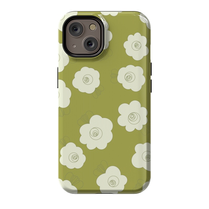iPhone 14 StrongFit Fluffy Flowers - White on Grass Green by Paula Ohreen