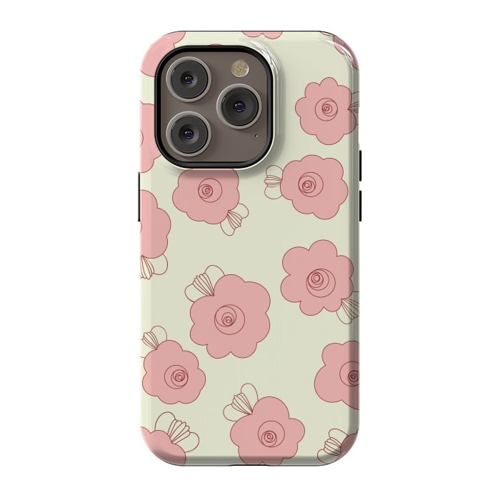 iPhone 14 Pro StrongFit Fluffy Flowers - Pink on Cream by Paula Ohreen