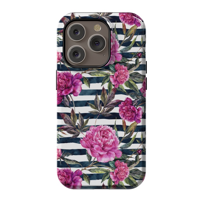 iPhone 14 Pro StrongFit Pink peonies and black stripes by  Utart